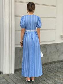 Elyressa Ditsy Floral Contrast Lace Trim V-Neck Lantern Sleeve Waist Fit Flared Hem French Style Women Dress - Blue and White - View 3