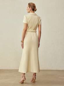 MOTF PREMIUM ELEGANT WAIST-CINCHED FITTED LAPEL COLLAR BELTED LONG DRESS, SPRING/SUMMER - Apricot - View 7