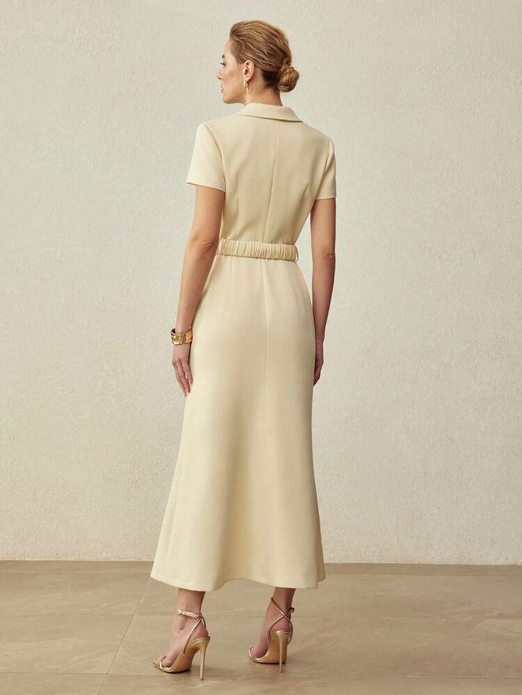 ELEGANT WAIST-CINCHED FITTED LAPEL COLLAR BELTED LONG DRESS, SPRING/SUMMER