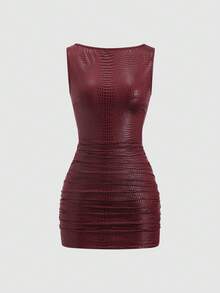 Sweetra Đầm nữ mùa hè mới, kiểu dáng đường phố gợi cảm, chất liệu PU dập vân cá sấu, thiết kế trễ vai, eo nhún, cổ cao xếp ly, phù hợp cho tiệc tùng, cocktail, đi làm và mặc hàng ngày. - Màu Đỏ Sâu - Xem 3