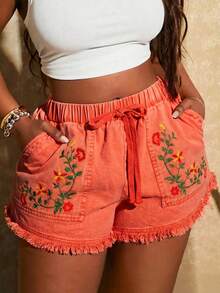 SHEIN SXY 大码女式花卉刺绣抽绳腰带毛边休闲短裤 - 橘色 - 查看 6