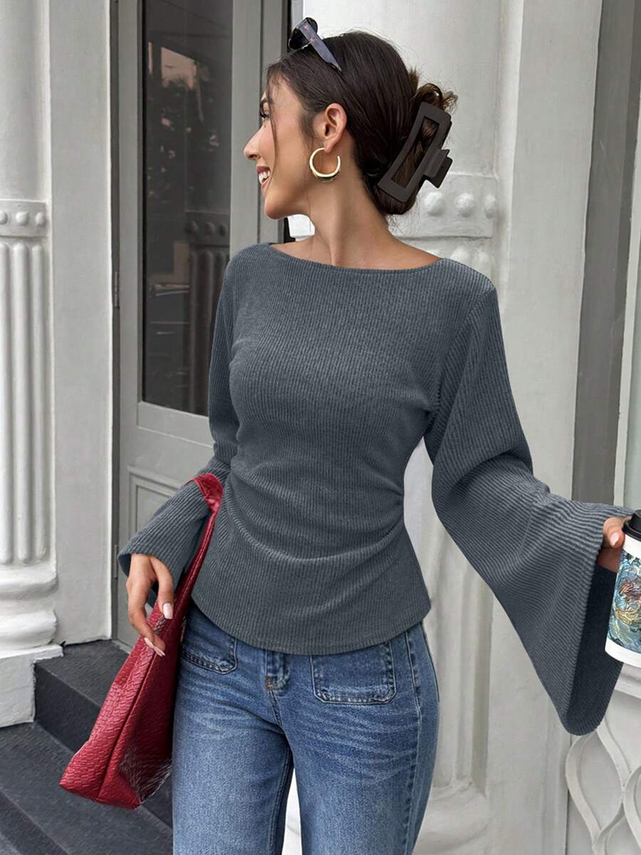 Elenzga 标准尺码女士宽领落肩喇叭袖腰部褶皱印花针织上衣，秋冬款 - 霧霾藍 - 查看 1