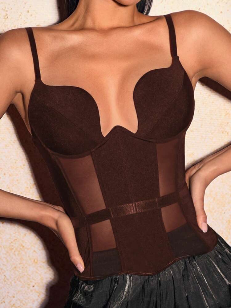 SHEIN SXY Breast Cup Corset Top Women's Summer Solid Color Spliced Sheer Sexy Slim Fit Camisole Top Corset Tops For Women Tops With Built In Bra Brown Top Bra Free Top Bandage Top,Summer Top - Brown - View 6