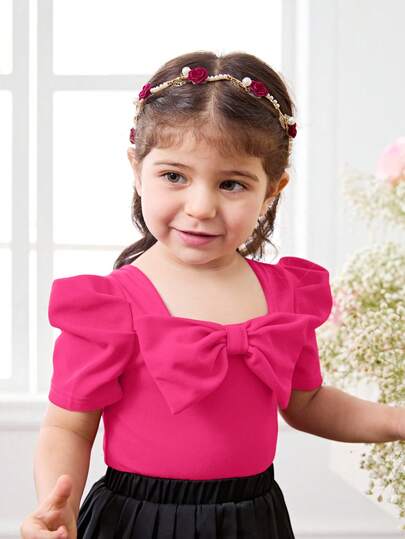 SHEIN Babygirl Cute & Elegant Versatile Red Bow Tie Short Sleeve Top, Summer