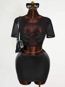 Mistrie Lady Sexy Net Fabric Transparent Embroidery T-Shirt - Black - View 3