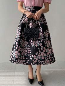 DAZY 提花百褶裙，高腰喇叭裙，法式修身女装 - 黑色 - 查看 4