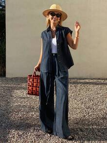 DAZY Women's Denim Shirt With Collar, Sleeveless, Side Tie-Up And Loose Fit Denim Pants, Casual Denim Set - Dark Wash - View 3