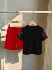 SHEIN 男童蜘蛛印花T恤短裤套装，休闲款 - 彩色 - 查看 3