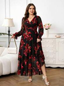 Reflora Đầm maxi cỡ lớn dành cho nữ, kiểu dáng lãng mạn, thanh lịch, in hoa, cổ chữ V, tay bồng, thắt eo, thích hợp cho mùa xuân/thu. - Đỏ - Xem 7