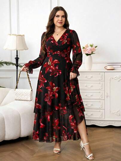 Reflora فستان ماكسي للنساء ذوات الأحجام الكبيرة للربيع/الخريف، أنيق وأنثوي بطبعة زهرية، رقبة متقاطعة، أكمام مكشكشة، وربطة خصر