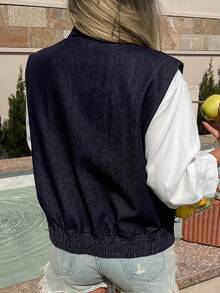 DAZY Áo khoác denim nữ ngắn không tay cổ bẻ, kiểu dáng thường ngày, chất liệu denim mài. - Rửa tối - Xem 6