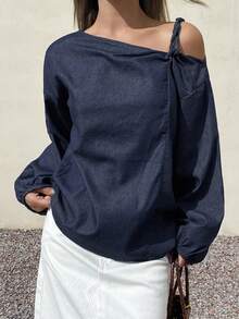 DAZY Top de camisola de punto con hombros descubiertos para mujer, vaquero casual - Azul lavado oscuro - Ver 5