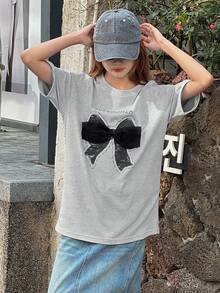 DAZY 少女蝴蝶结装饰圆领宽松休闲短袖T恤 夏季 - 灰色 - 查看 3