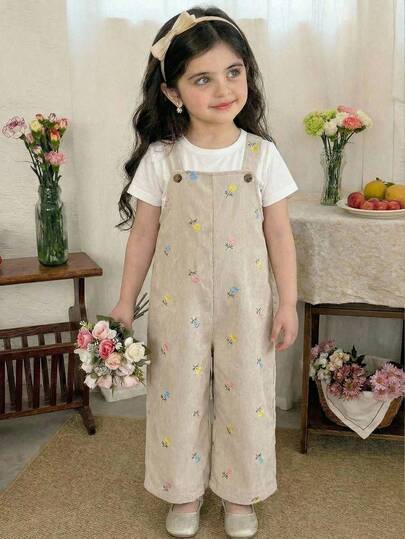 SHEIN LMoss Kids Young Girl Loose Casual Comfortable Ditsy Floral Jumpsuit, Embroidered Floral Jumpsuit Toddler Easter Jumpsuit Beige Corduroy Jumpsuit Toddler Girl Jumpsuit For Kids Spring Jumpsuit For Girls Birthday Girl