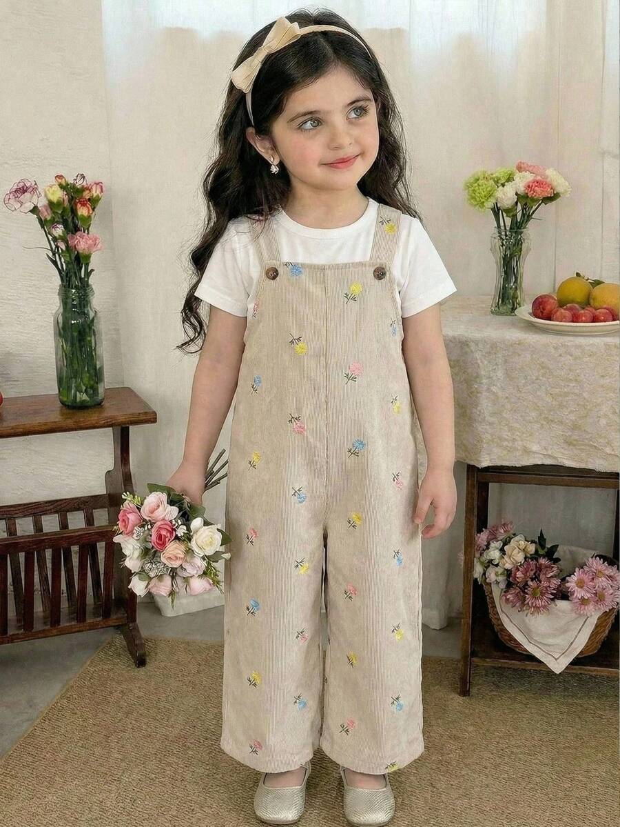 SHEIN LMoss Kids 年轻女孩宽松休闲舒适碎花连体裤 - 杏色 - 查看 1