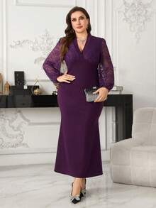 Modelyn Plus Size Women Elegant Lace Patchwork Lantern Sleeve Cross V-Neck Midi Dress, Suitable For Commuting - Purple - View 4