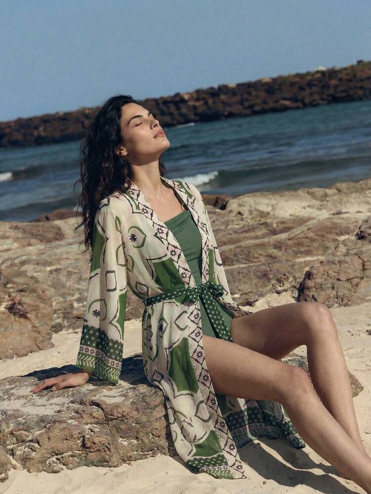 SHEIN Maija Fashionable & Elegant Floral & Geometric Pattern Tie Front Cover Up,Vacation Outfits Women,Summer Holiday Outfits ,Beach Vacation Outfits For Women Boho Dresses For Women Beach Wear For Woman Beach Cover Up Women Resort Wear Women Swimsuits For Woman With Cover Up Beachwear Cover Up Beach Wear Women Cover Up Women's Swim Cover Up Bathing Suits For Women With Cover Ups Cover Ups For Swimwear