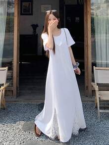 DAZY Đầm dài nữ màu trơn phối ren, kiểu dáng thường ngày, thích hợp cho mùa hè. - trắng - Xem 2