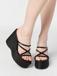 ROMWE Grunge Punk 厚底凉鞋 女士拖鞋 鱼嘴坡跟 时尚女鞋 - 黑色 - 查看 1