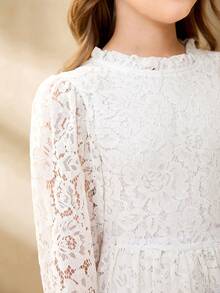 Tween Girl Ruffle Collar Floral Lace Long Sleeve Elegant Dress - White - View 6