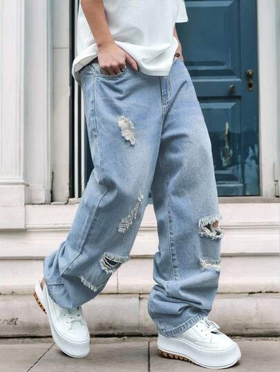 GALLERY FADE 男士鬆身寬腳休閒牛仔褲，有撕裂口袋設計