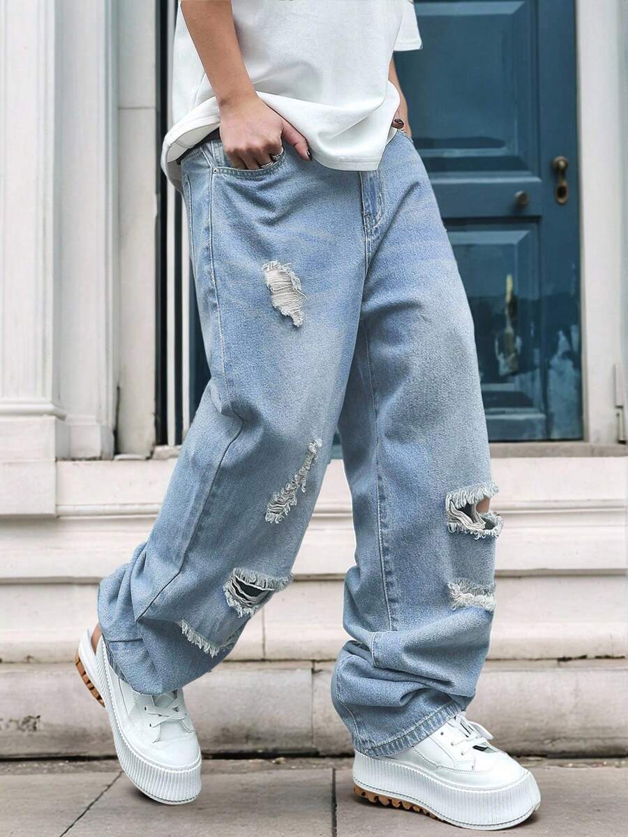 GALLERY FADE Men's Loose Fit Wide Leg Casual Jeans With Ripped Pockets - Light Wash - View 1
