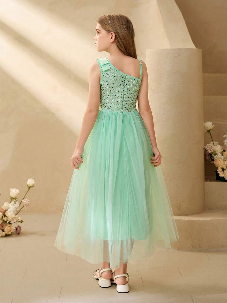 Girls' Elegant Green Sequin Mesh One Shoulder Strap Bow Long Fitted Dress, Suitable For Evening Party, Christmas,Wedding, Flower Girl, Prom, Graduation, Holiday - Green - View 2