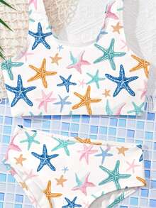 SHEIN Bộ đồ bơi tối giản màu trắng kem dành cho bé gái, gồm áo hai dây và bikini tam giác, thích hợp cho bơi lội, spa, hồ bơi, khu nghỉ dưỡng trên đảo và bãi biển. - Nhiều màu - Xem 5