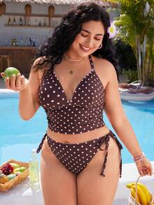 Swim Mod Women's Polka Dot Print Sweet Beach Halter Neck Bikini Set, Plus Size, Spring/Summer - Multicolor - View 4