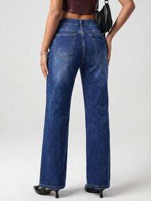 SHEIN ICON Damen Lässig Loose Straight Leg Jeans mit Taschen - Blau - Übersicht 2
