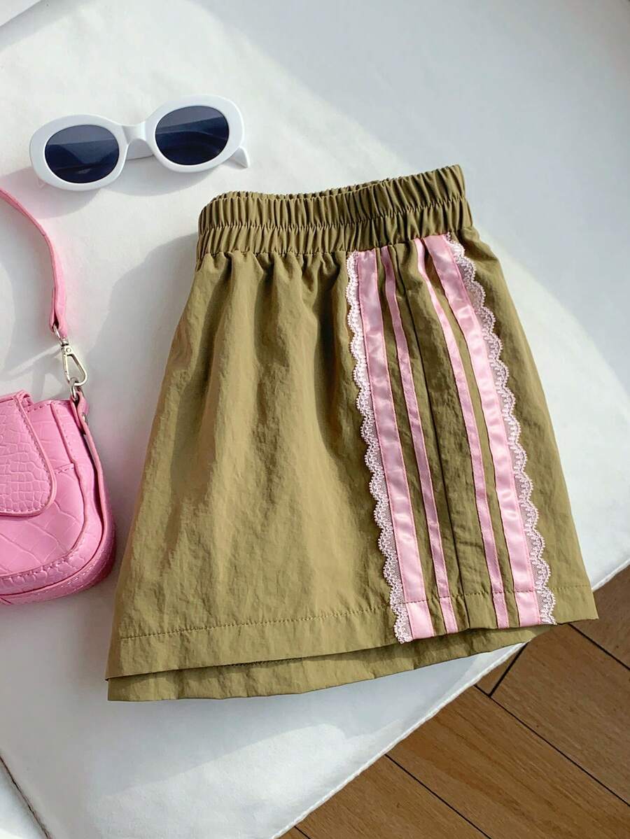 Comfortcana Quần short nữ dáng rộng, cạp chun, phối ren tương phản, kiểu dáng thường ngày. - xanh quân đội - Xem 1