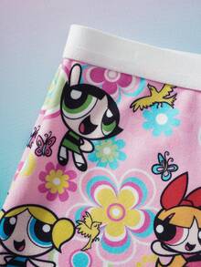 THE POWERPUFF GIRLS X SHEIN Conjunto de camiseta y pantalón corto de niña preadolescente con estampado de dibujos animados - Rosa - Ver 3
