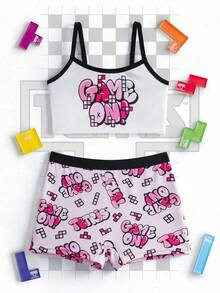 Tetris™ X SHEIN Tween Girls Letter Print Camisole & Boyshort Underwear Set - Pink - View 1