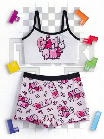 Tetris™ X SHEIN Tween Girls Letter Print Camisole & Boyshort Underwear Set