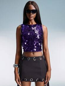 GENKIRA Women Fashion Glitter Cropped Tank Top  - Purple - View 3