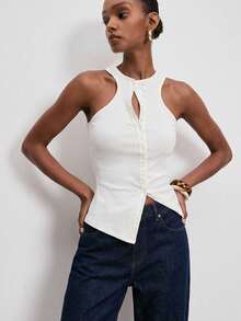 ATUI Studio Áo thun nữ dáng ôm, đơn hàng khuy, không tay, màu trơn - trắng - Xem 1