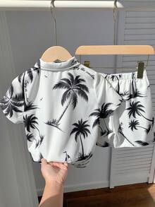 SHEIN 2件套男童休闲校服/度假印花衬衫短裤套装，适合通勤、上学、日常休闲穿着、运动、春夏穿着 - 杏色 - View 2