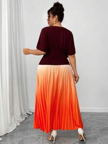 Elenzga Casual Plus Size Co-Ord For Women Boat Neck Batwing Sleeve Top And Pleated Gradient Skirt Outfit,Plus Size Women 2-Piece Set, Brown-Red Ombre Pleated Top And Ombre Skirt, Elegant For Parties, Commuting, Afternoon Tea - Multicolor - View 2