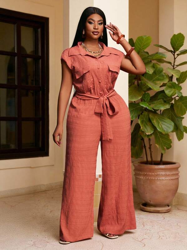 Veslaya 2026 Primavera y Verano Mono de manga corta con cintura de camisa, pierna ancha y lazo para mujer talla grande, para festival de música, Pascua, estilo occidental, nómada, fiesta de cumpleaños, graduación, universidad, estudiante, uso diario casual, básico, ocio, vacaciones, crucero, playa, tomar el sol, , ropa de calle, invitada de boda, trayecto, brunch, aeropuerto, fiesta, vacaciones, banquete elegante, baile, casual, elegante de alta gama, temporada de bodas en color marrón-rojo