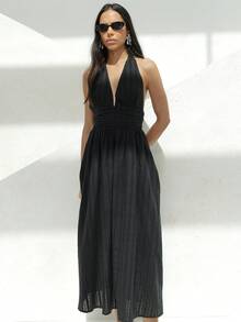 KSTM 女士黑色深V露背中长连衣裙，系带设计，腰部褶皱，适合晚宴派对 - 黑色 - 查看 6