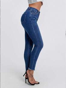 Rivivi Quần jeans nữ dáng ôm cạp cao, đơn giản, đa năng, màu trơn, thích hợp mặc hàng ngày đi làm, quần jeans nữ cạp cao co giãn, quần jeans định hình vòng ba, quần jeans nữ cạp cao dáng ôm, quần jeans cạp cao - Rửa tối - Xem 9