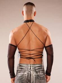 FeverCity Men's Halter Backless Fringe Design Sexy Versatile T-Shirt - Black - View 2