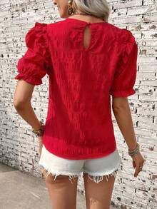 SHEIN Holidaya Casual Vacation Spring/Summer Basic Round Neck Keyhole Button Design Puff Sleeve Shoulder Line Sleeve Cuff Ruffle Pleated Workmanship Sweet Commuting Spring Style Women Blouse - Red - View 2
