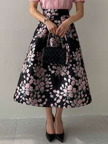 DAZY 提花百褶裙，高腰喇叭裙，法式修身女装 - 黑色 - 查看 3