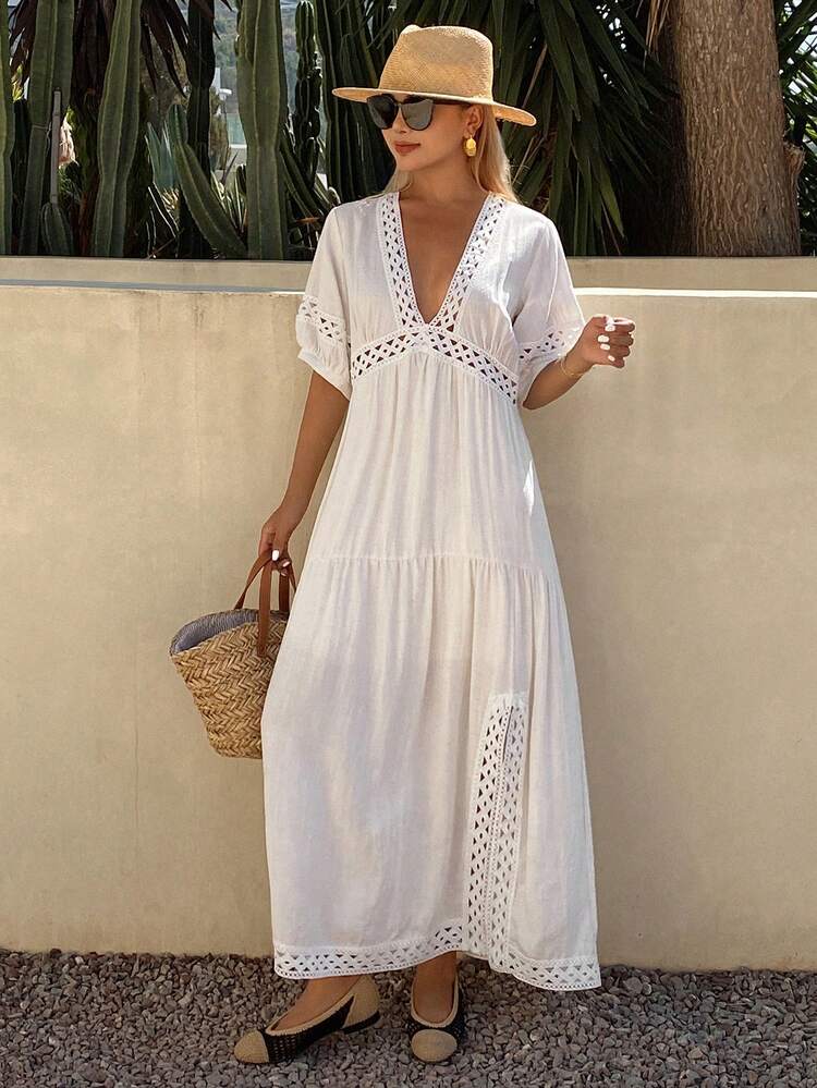 Women's V-Neck Lace Patchwork Waist Cinched Short Sleeve Dress, Vacation Style Summer Sun Dresses For Women