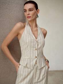 MOTF PREMIUM FASHION STRIPED PRINT OPEN BACK BUTTON PLACKET HALTER TOP - Apricot - View 4