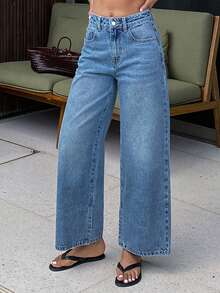 DAZY Quần jeans ống rộng nữ kiểu dáng thường ngày, có túi và cúc, phù hợp với mọi dịp, phong cách Y2K. - Rửa trung bình - Xem 2