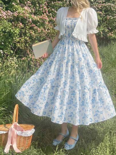 SHEIN Summer New Elegant Chiffon Girls 2-Piece Set: Ruffle Puff Sleeve Cropped Cardigan + Floral Adjustable Strap Dress, Suitable For Daily And Vacation Wear