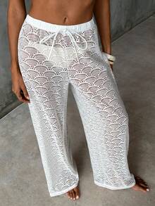 SHEIN Luminelle 2026新款女士夏季沙滩度假休闲百搭宽松镂空贝壳纹理面料沙滩裤及罩衫套装 - 白色 - 查看 8