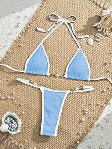 Swim Vcay Conjunto De Bikini De Triángulo Halter Con Ribete En Contraste De Playa De Verano - Celeste - Ver 2